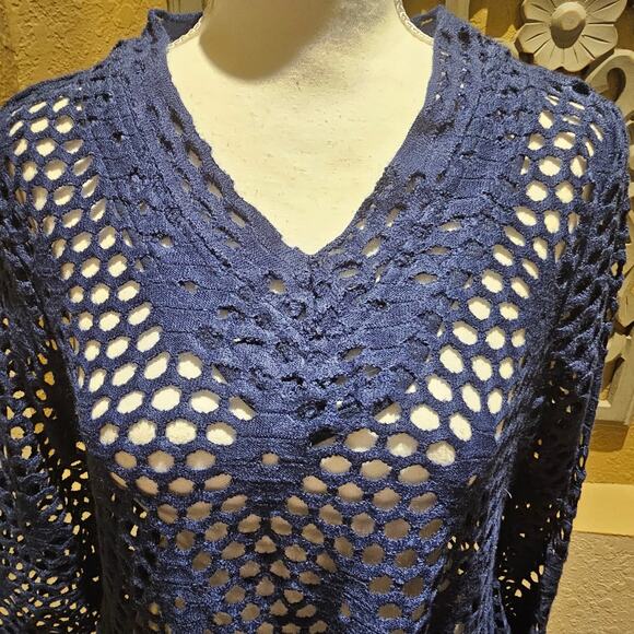 Sand & Spirit S Blue Crochet Pullover Boho Open Knit Sweater Tunic Artsy Chic - Picture 8 of 10